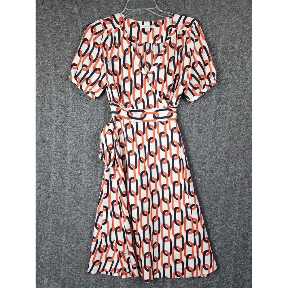 Banana Republic Dress Womens 4 Wrap Orange Navy Chain Link Geometric Short Slv